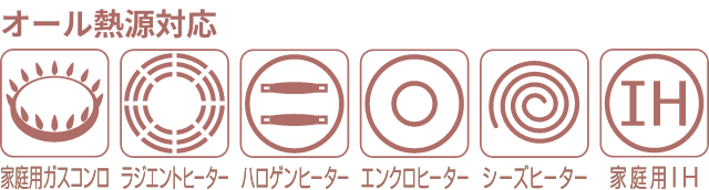 オール熱源対応。家庭用ガスコンロ,ラジエントヒーター,ハロゲンヒーター,エンクロヒーター,シーズヒーター,家庭用IH
